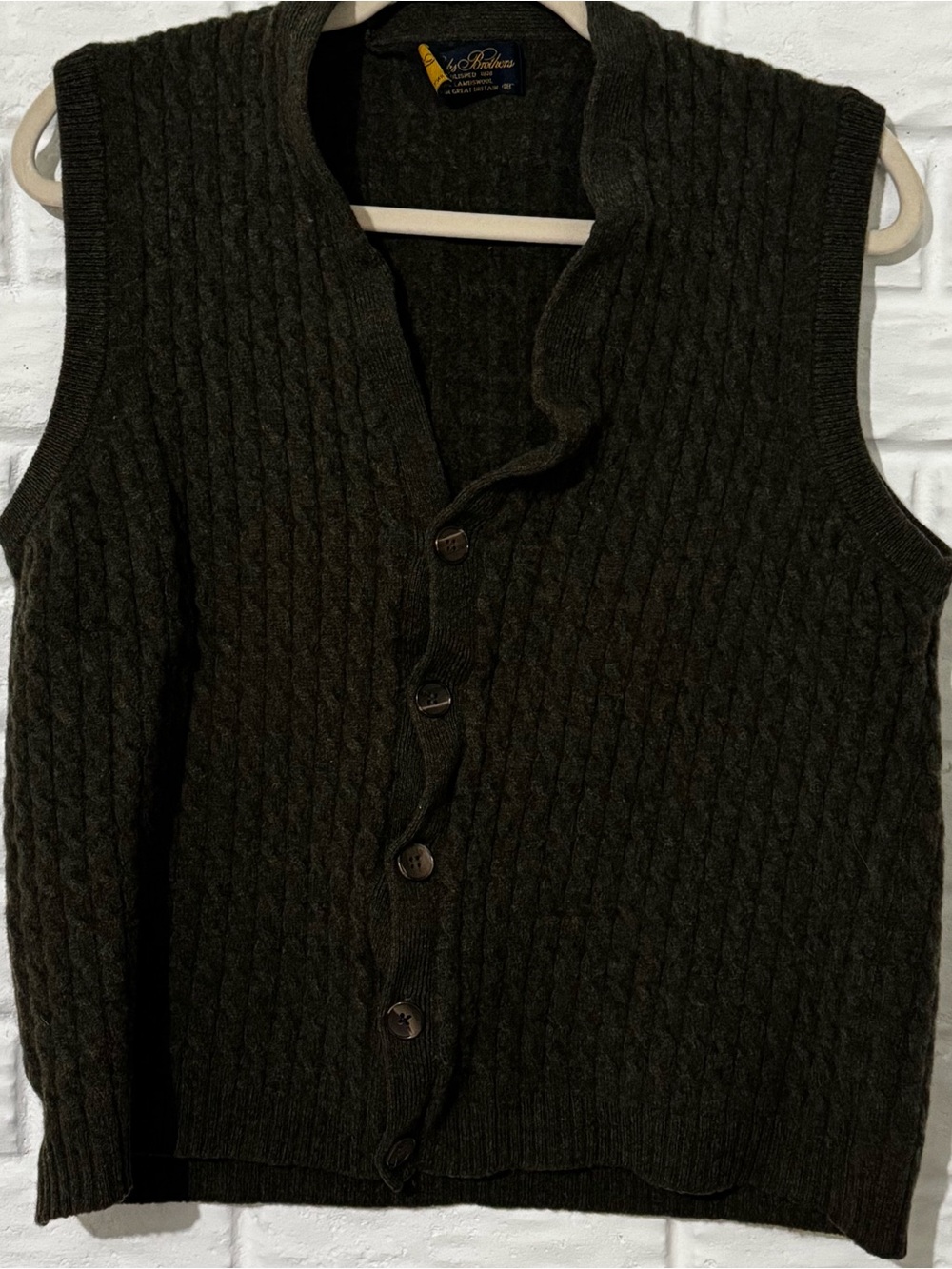 Brooks Brothers Lambs Wool Button Vest Men’s 48” Olive Green Preppy